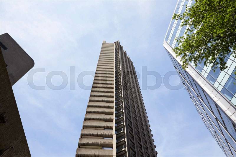LONDON - MAY, 2017: Low angle view of three high rise tower blocks against blue sky, City Of London, London, stock photo