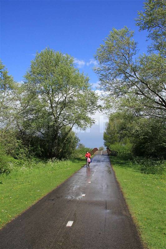 The lady in red is biking over the wet road after the rain shower in the park in the village Zuidland in spring, stock photo