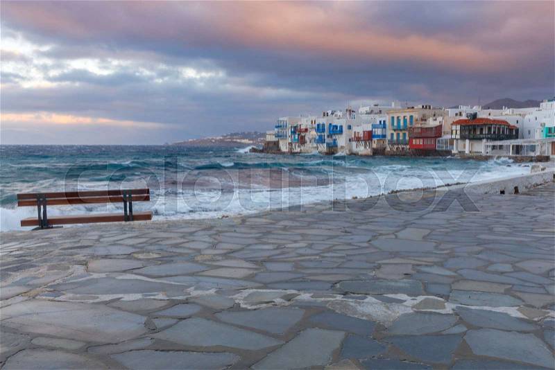 View of the old historical district of Little Venice in the city Chora. Greece. Mykonos, stock photo