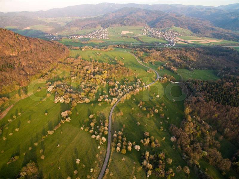 Aerial view of landscape with green hills, trees and road, Germany, stock photo