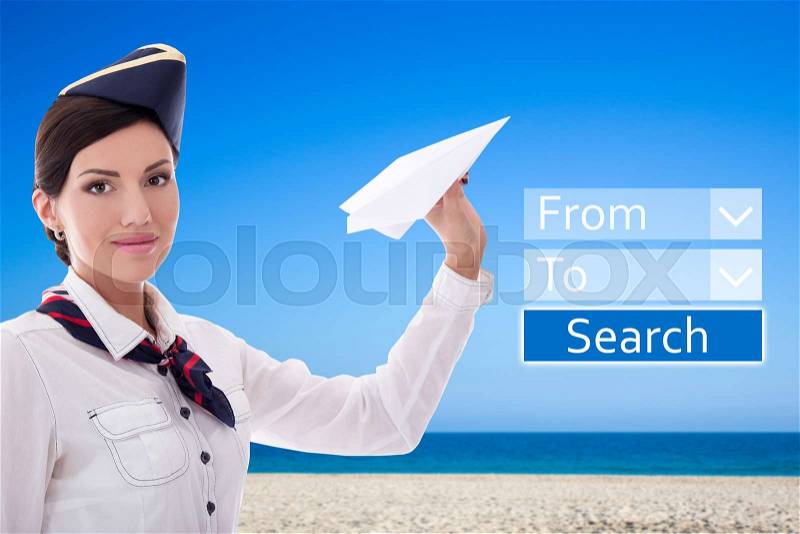 Travel concept - stewardess with paper plane and application for online searching flights over summer beach background, stock photo