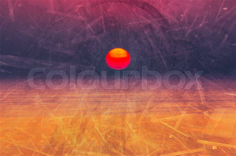 Purple digital sunrise background. composite of fractal images over morning sea. concept of electronic era beginning, stock photo