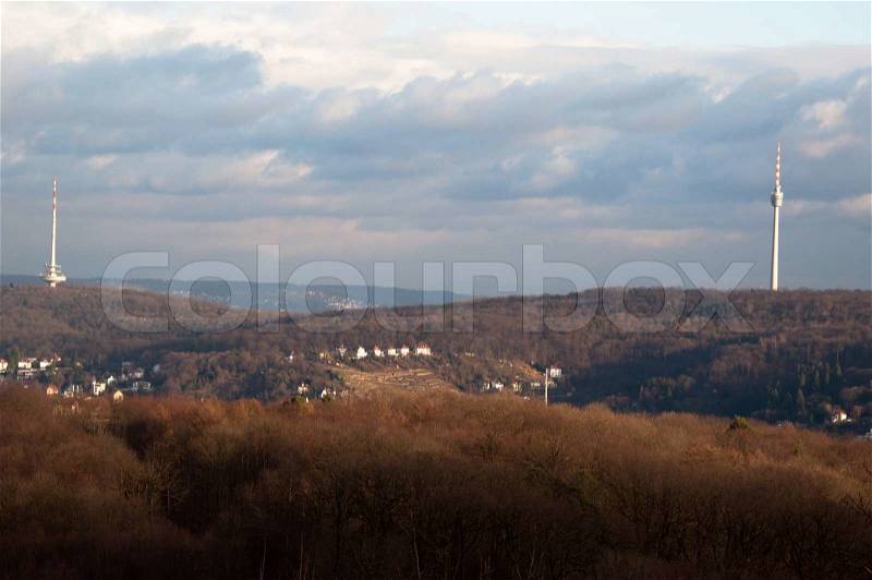 Stuttgart TV and Radio Towers seen from Birkenkopf mountain, stock photo