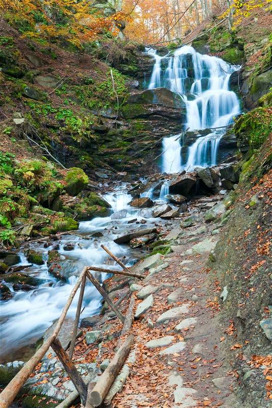 Waterfalls on Rocky Stream, Running Through Autumn Mountain Forest, stock photo