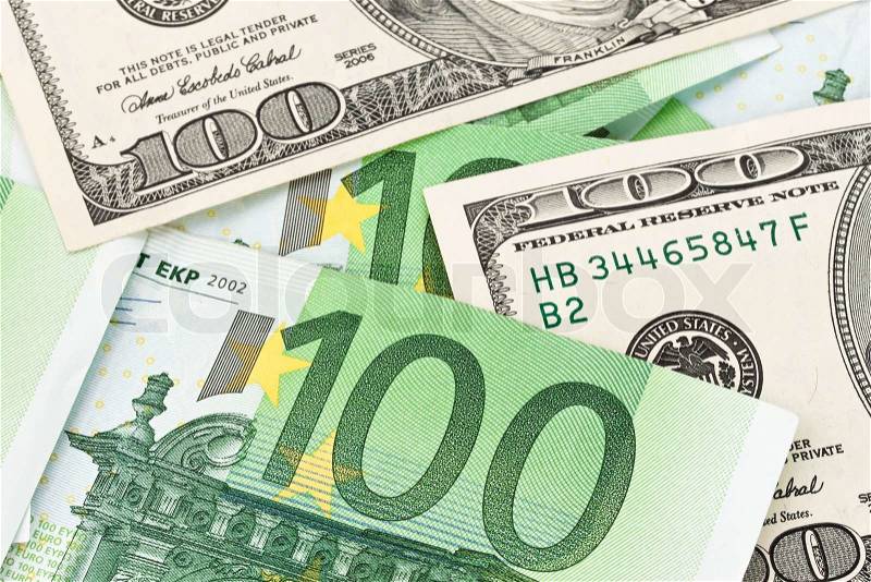 Dollar and euro bills. euro dollar symbol differences, stock photo