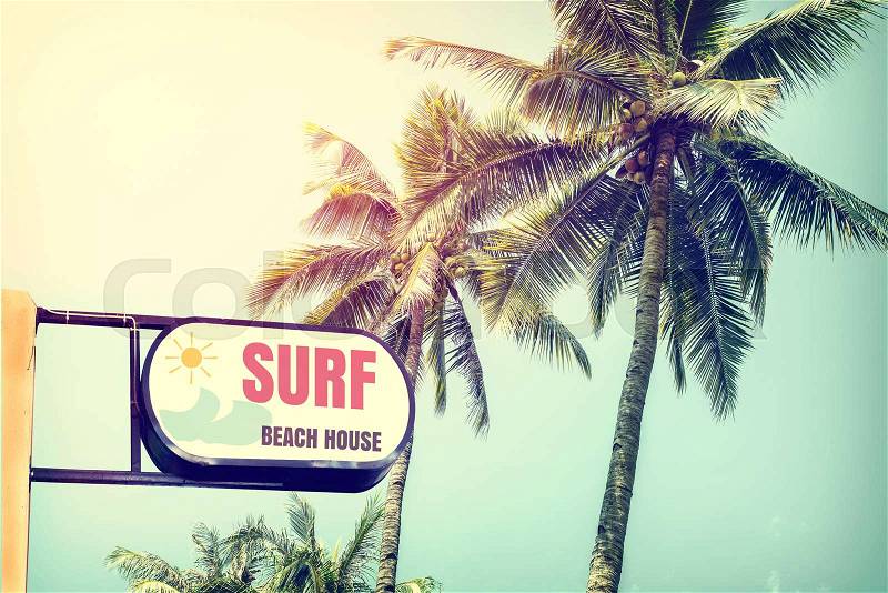 Vintage surf beach house signage and coconut palm tree on tropical beach blue sky with sunlight of morning in summer, instagram retro filter, stock photo