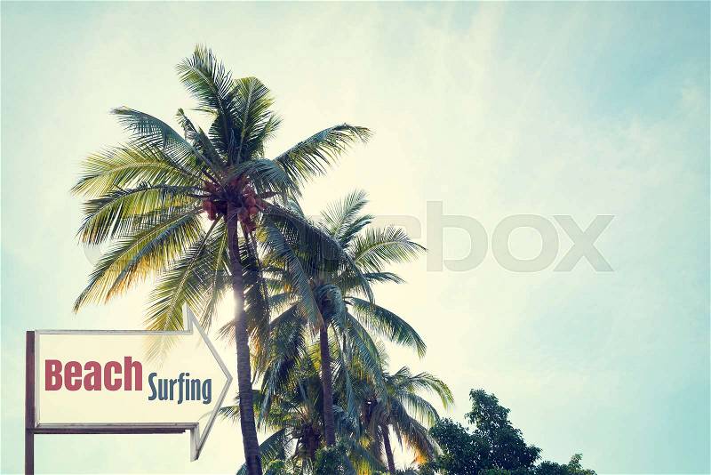 Vintage surf beach signage and coconut palm tree on tropical beach blue sky with sunlight of morning in summer, instagram retro filter, stock photo