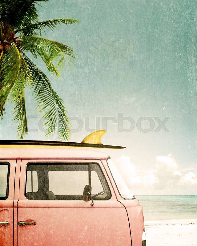 Vintage poster - car parked on the tropical beach (seaside) with a surfboard on the roof, stock photo