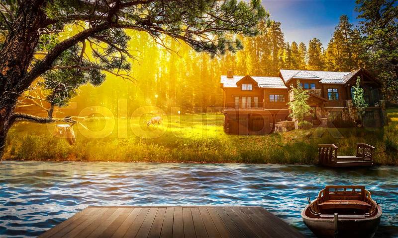 Wooden pier on the lake, deer on the meadow with green grass near the forest house, background, tranquil nature landscape, stock photo