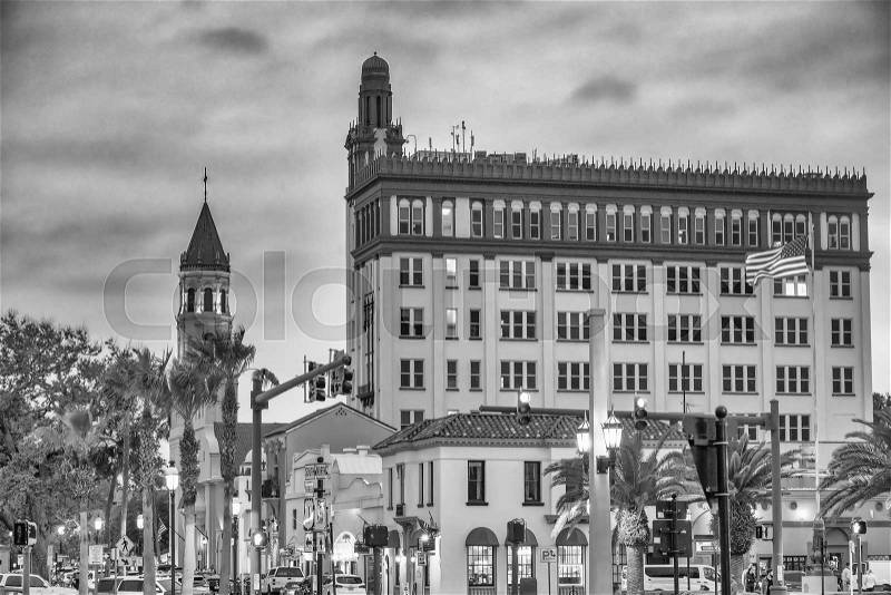 ST AUGUSTINE, FL - APRIL 8, 2018: City buildings at sunset. St Augustine is a major attraction in Florida, stock photo
