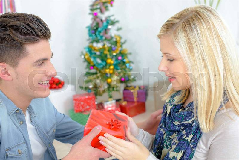 Young couple with a present at christmas, stock photo