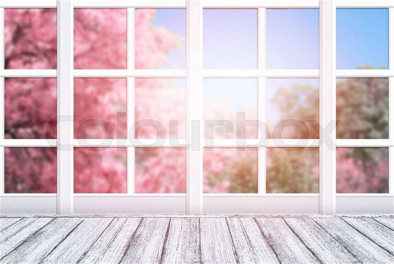 Room interior with window frame and wooden table in Shabby Chic style. Spring sunny day with pink sakura trees outside. Empty space for your decoration, text or advertising. Copy space, stock photo
