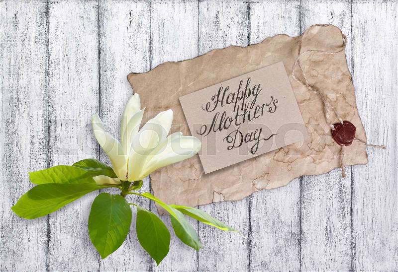 Magnolia flower with paper greeting card for Mother\'s day on background of shabby wooden planks. Magnolia acuminate variety (Cucumber tree). Family Magnoliaceae, stock photo