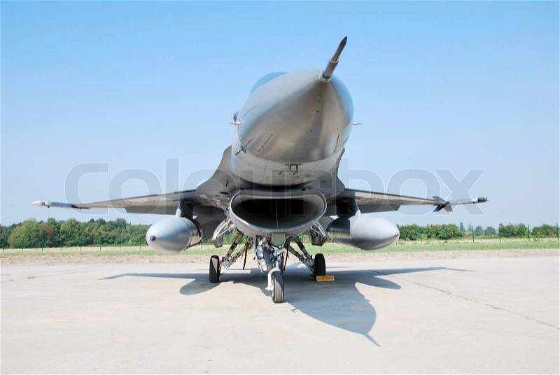 F 16 flying fighter jet military aircraft, stock photo