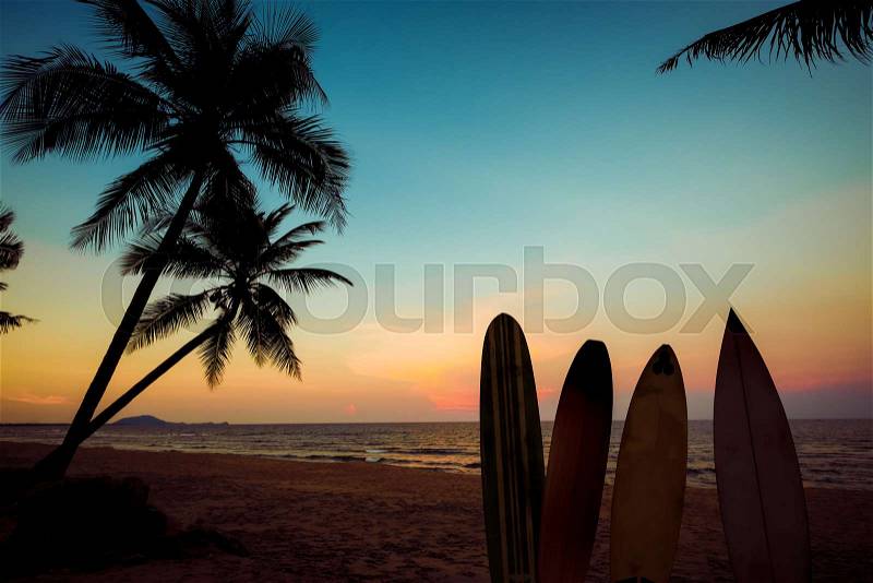 Silhouette surfboard on tropical beach at sunset in summer. Seascape of summer beach and palm tree at sunset. Vintage color tone, stock photo