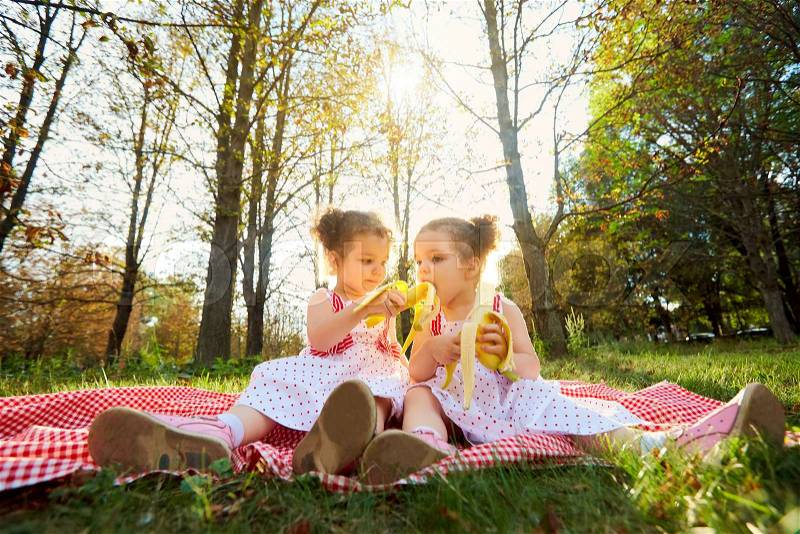 Little girls twin sisters sitting on a picnic in the woods in the evening rays of sunlight are fed each other bananas, stock photo
