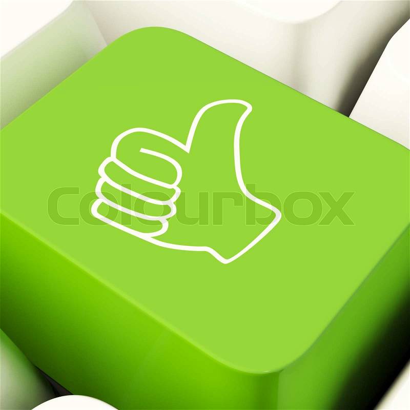 Thumbs Up Computer Key In Green Showing Approval And Being A Fan, stock photo
