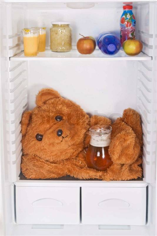 Teddy bear with beer in the refrigerator, stock photo