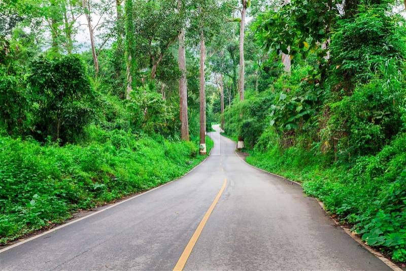 Country road between district to the city with motion blur, Journey way of traveler to the nature, Road in the mountain and the forest for travel to someplace, Asphalt road in the forest and no car, stock photo