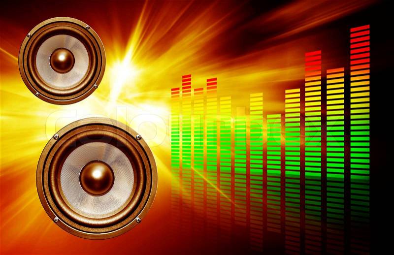 Two audio speakers on abstract background with color grid, stock photo