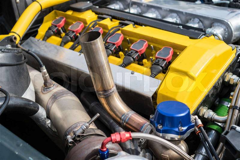 Tuned turbo nitrous oxide engine in car, stock photo