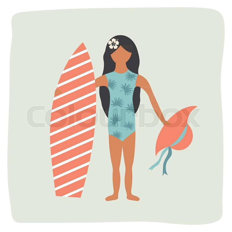 Surfer pretty Girl with surfing board on the beach. Vector poster, vector