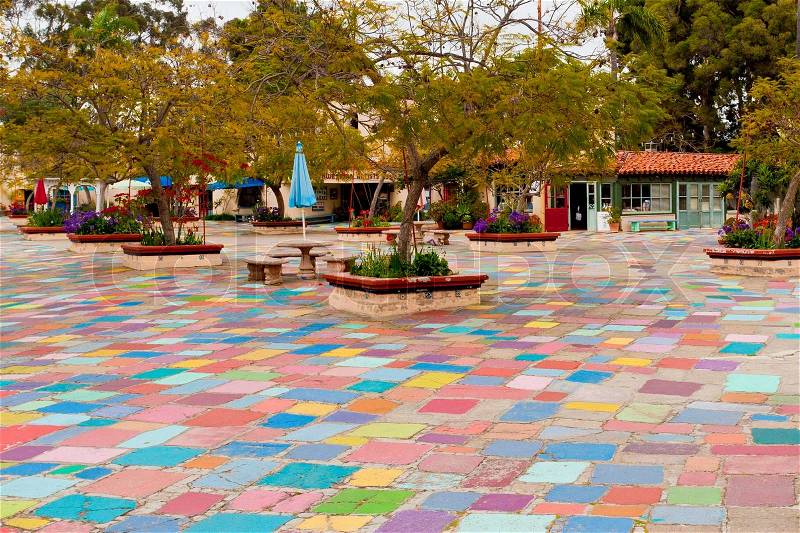 Spanish Village Art Center with multi-colored pavement in Balboa Park, San Diego, California, stock photo