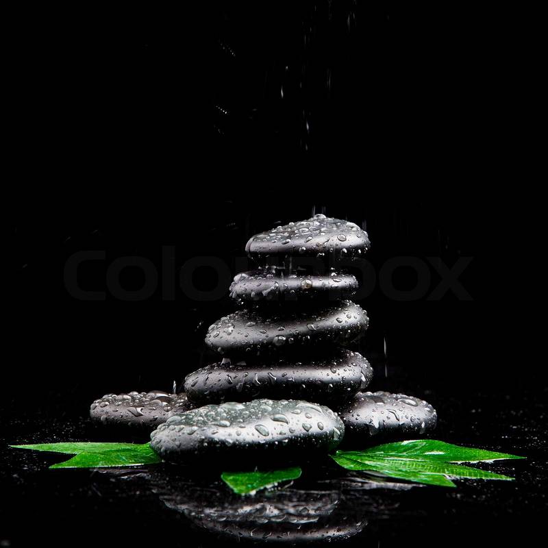 Zen stones and leaves with water drops, stock photo
