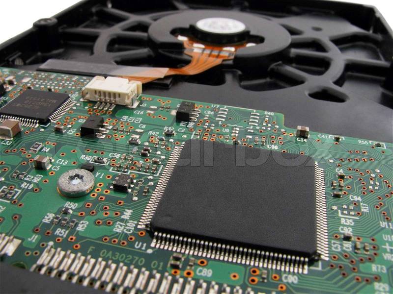 Close up of hard drive of computer, stock photo