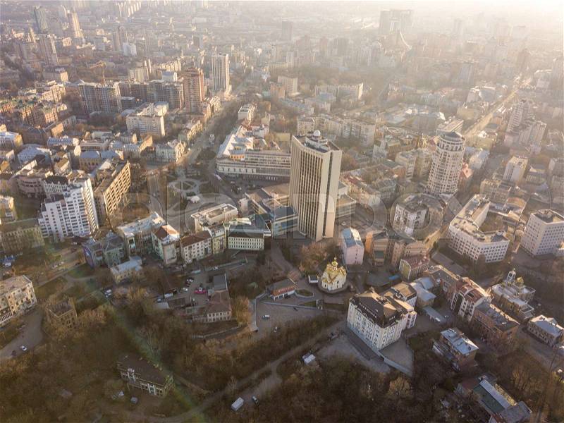 Panoramic aerial view from the drone, a view of the bird\'s eye view of the the central part of the city of Kiev, Ukraine, the old buildings of the city, stock photo