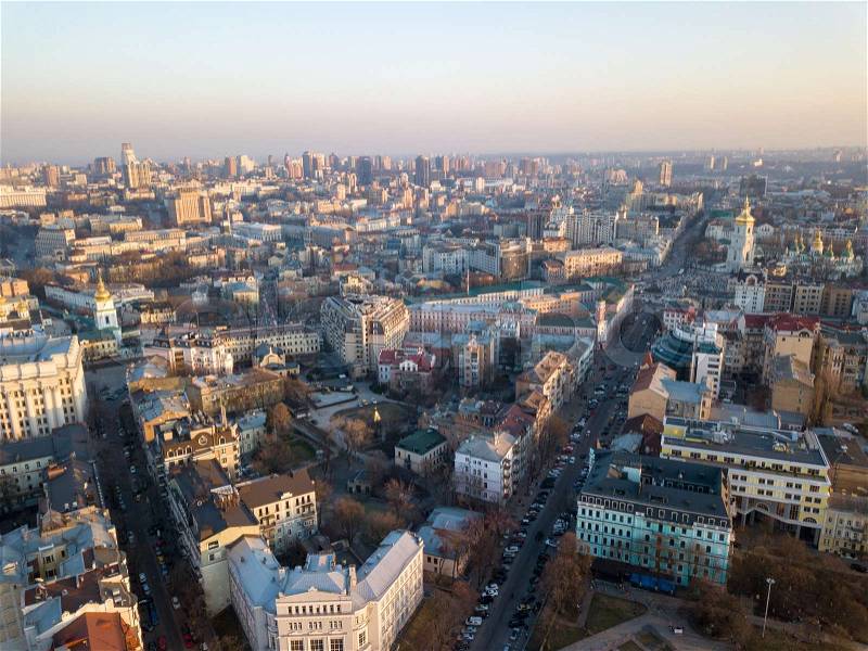Panoramic aerial view from the drone, a view of the bird's eye view of the the central historical part of the city of Kiev, Ukraine, with old buildings of the city, stock photo