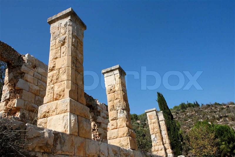 Colonnade of the ruins of ancient house in Sataf near Jerusalem, Israel, stock photo