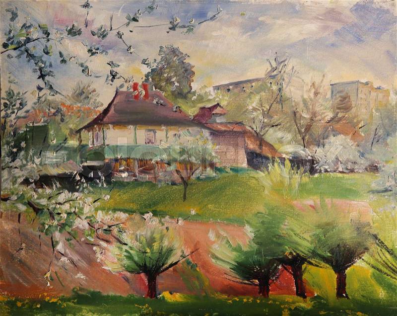 Art painting of spring landscape, stock photo