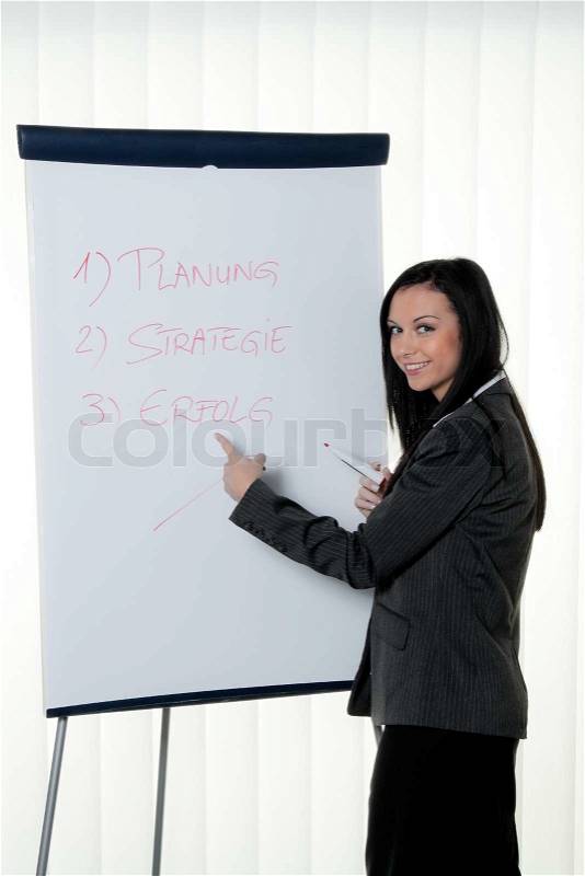 Coach with a flip chart in german training and education, stock photo