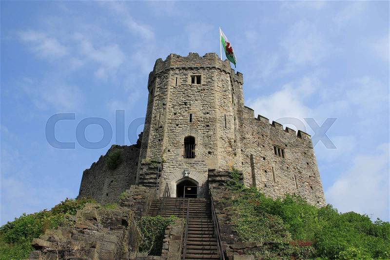 Blue sky with clouds and stairway to the entrance of Cardiff Castle in the city Wales on a sunny day in spring, stock photo