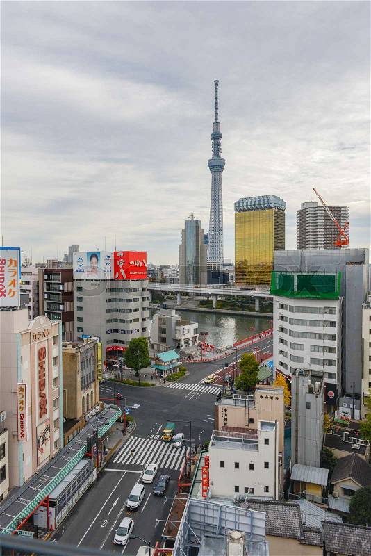 December 2016 in Japan - Top view of car traffic and Tokyo sky tree and Asahi building, stock photo