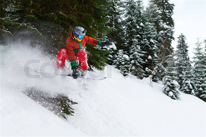 Guy snowboarder rides freeride in the forest leaving behind a spray of snow, stock photo