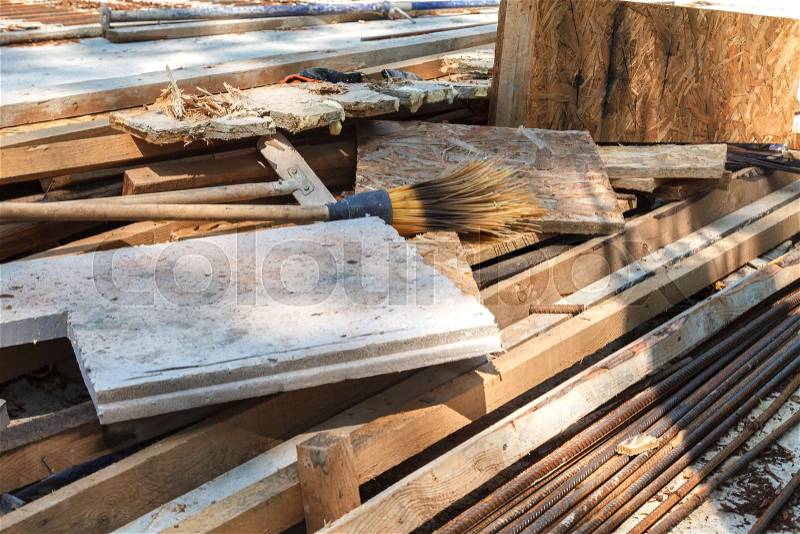 Construction waste on the roof of the house under construction. Wood construction waste on outdoor, stock photo