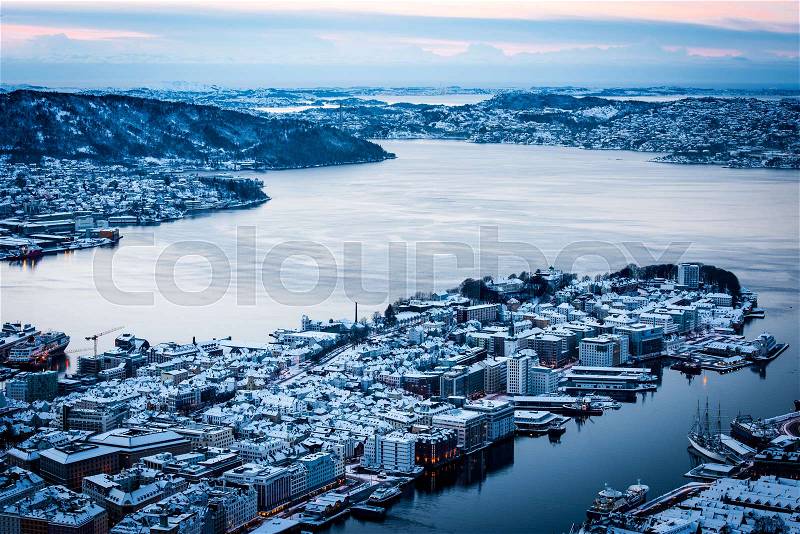 Nice view from the mountains in the winter of Bergen, Norway, stock photo