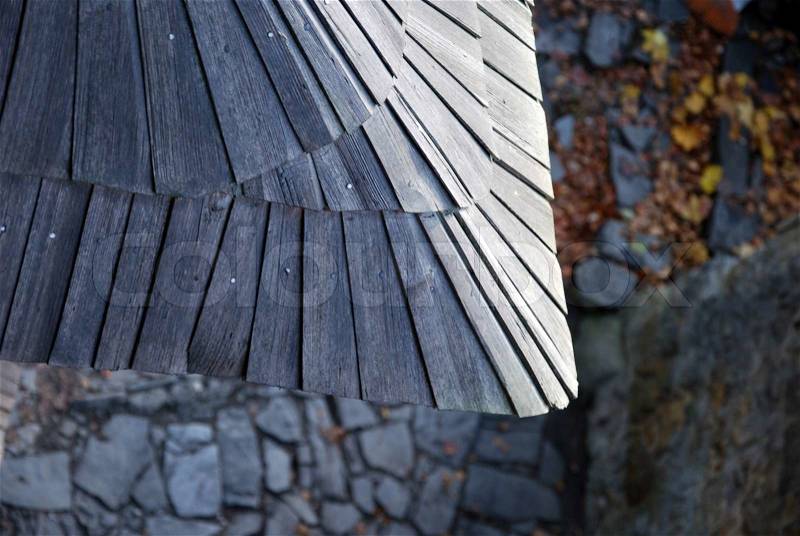 Old czech traditional wood shingled roof detail, stock photo