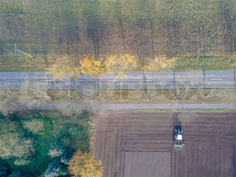 Aerial photograph with drone, field with ploughing farmer in autumn on a country road, trees with long shadows and colorful leaves, stock photo