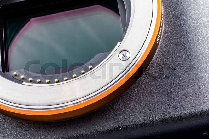 Close-up of the sensor plate of a camera with full-frame sensor, cropped, stock photo