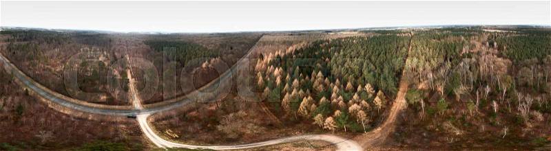 Composite panorama of aerial photographs and aerial photos of a forest area with spruce, pine and fir trees in the heath, abstract effect through a 360-degree photograph, made with drone, stock photo