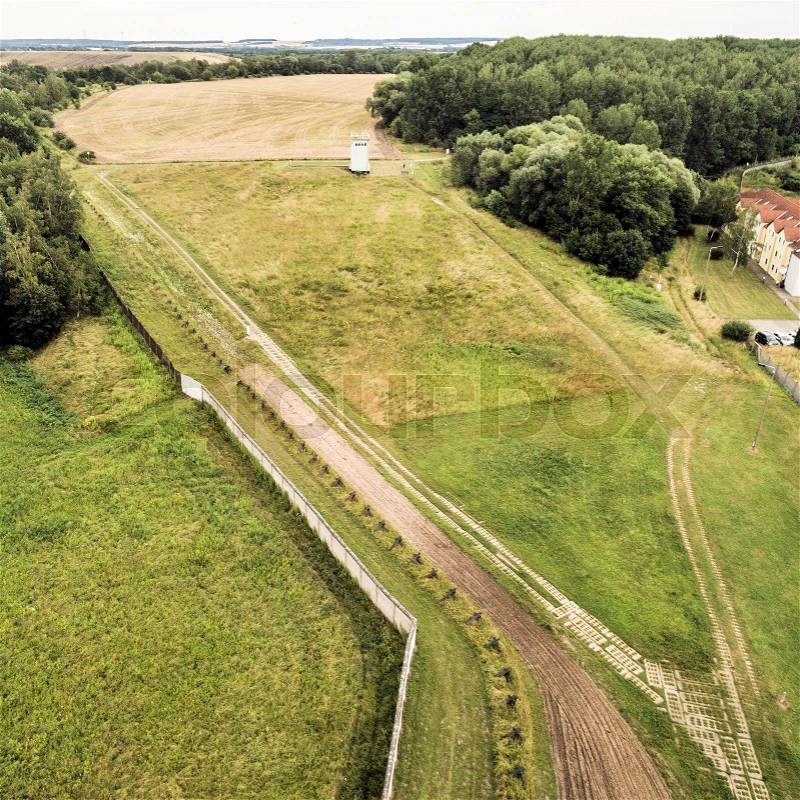 The former border area between West Germany and the GDR, open-air exhibition at Hötensleben, aerial photo taken at an angle, made with drone, stock photo
