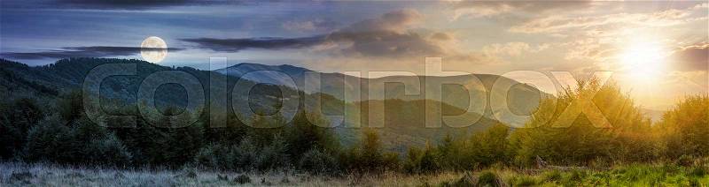 Time change concept over the Carpathian mountains. panorama with sun and moon in the sky. beautiful landscape with forested hills and Apetska mountain in the distance. , stock photo