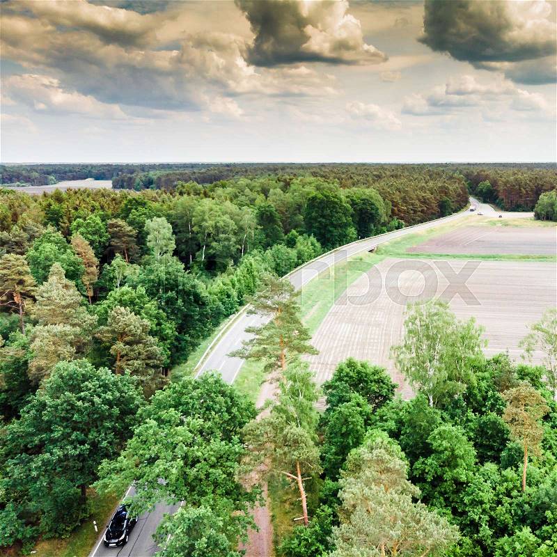 Aerial view of a country road in northern Germany near Celle, with a forest in the foreground and on the left side, fields and meadows right of the road, made with drone, stock photo