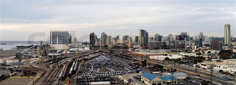 San Diego California Downtown City Skyline Including Port and Railroad Terminal, stock photo