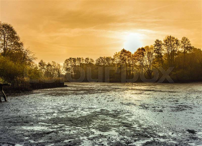 Muddy drained pond at dawn, landscape photo with dramatic development, germany, stock photo