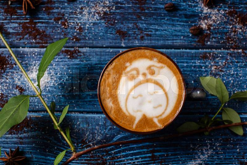 Cup of cappuchino latte art in zoo. Owl bird top view, stock photo