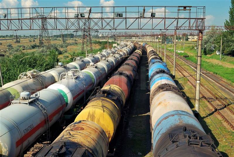 The train transports tanks with oil and fuel, stock photo